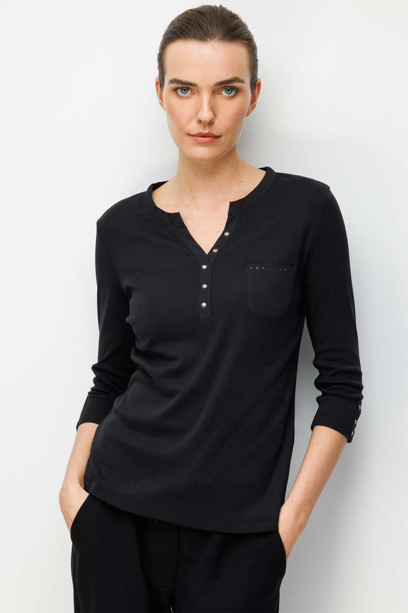 Desen Triko Kadın Açma Yaka Kol Ucu Metal Düğmeli Pamuklu Penye Bluz 26805 Siyah Siyah