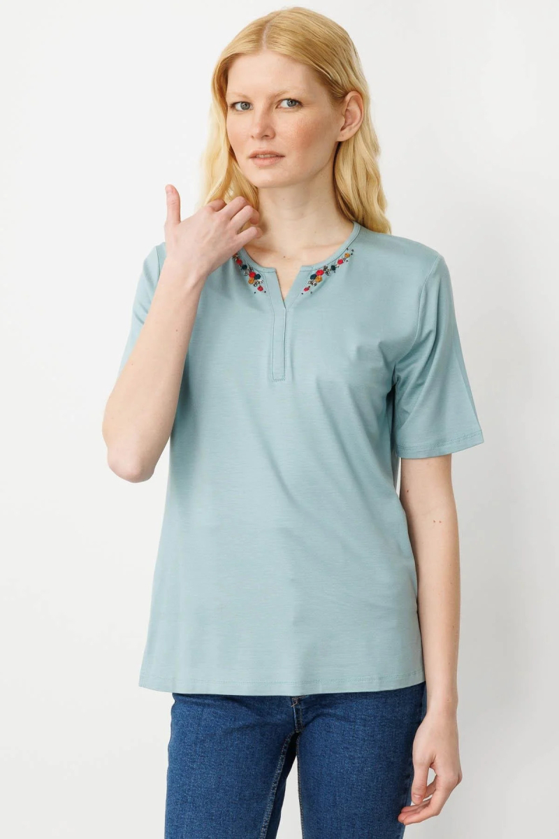 Desen Triko Kadın Açma Yaka Nakış İşlemeli T-Shirt 25703 Mint Mint