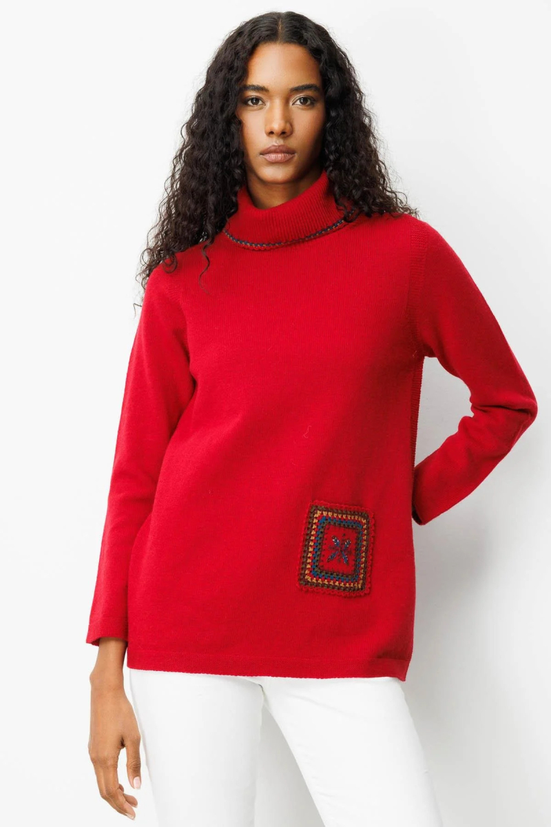 Desen Triko Kadın Degaje Yaka Cebi ve Yakası Tığlamalı Yün Kazak 25202 K.Kırmızı K.KIRMIZI