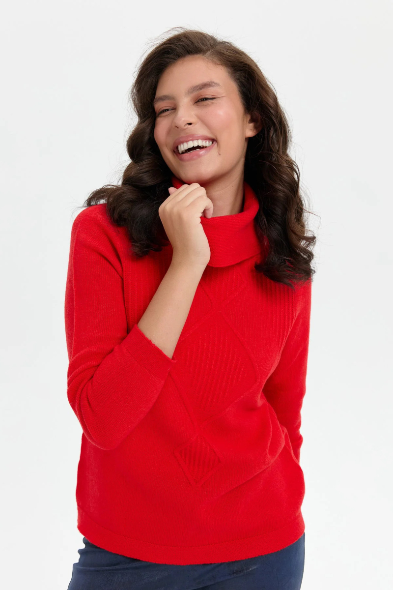 Desen Triko Kadın Degaje Yaka Dikişsiz Önü Selanik Örgü Yün Kazak 24200 Mercan Mercan