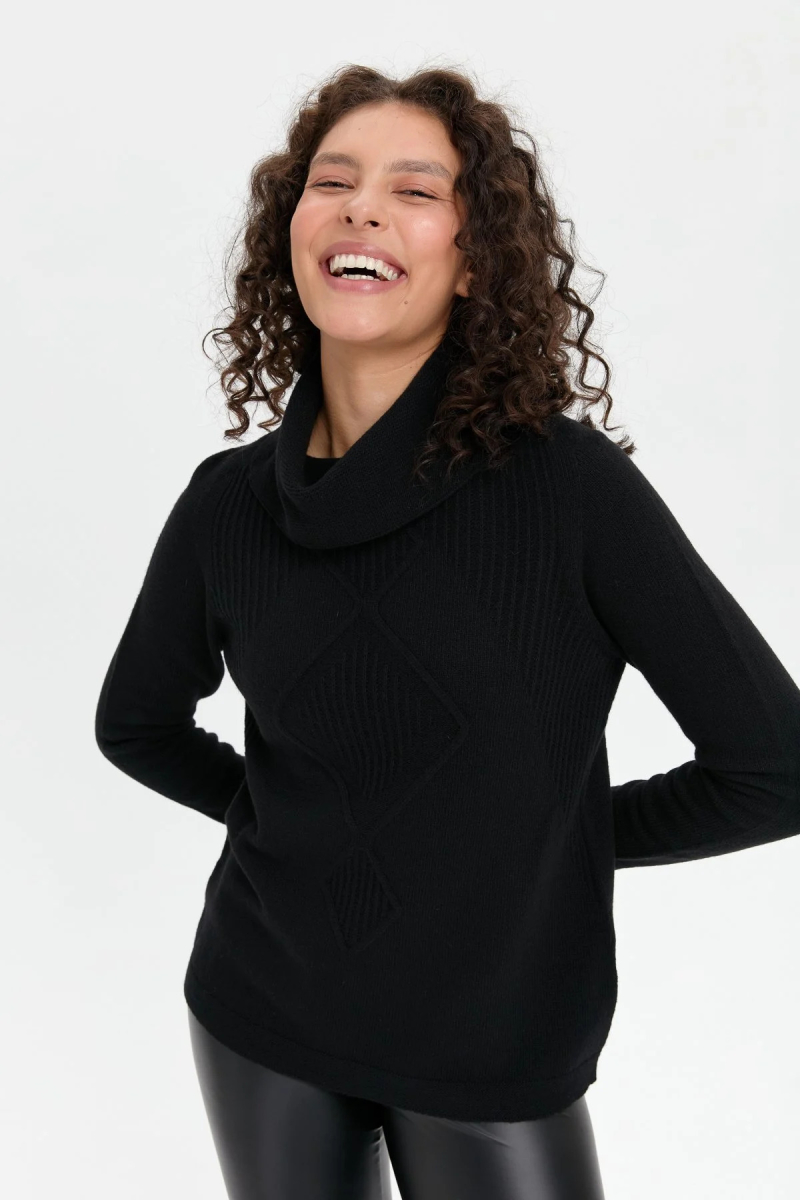 Desen Triko Kadın Degaje Yaka Dikişsiz Önü Selanik Örgü Yün Kazak 24200 Siyah Siyah