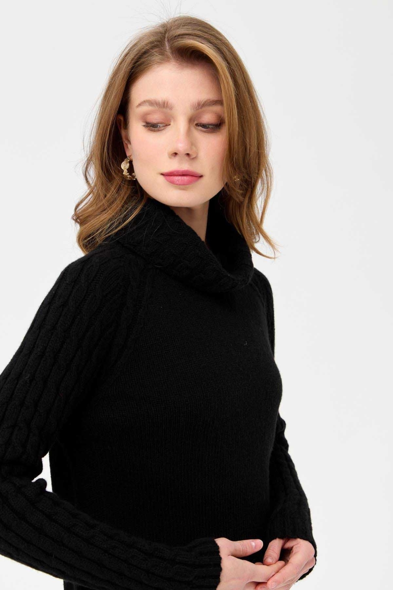 Desen Triko Kadın Degaje Yaka Kolu ve Yakası Saç Örgü Yün Kazak 23202 Siyah Siyah