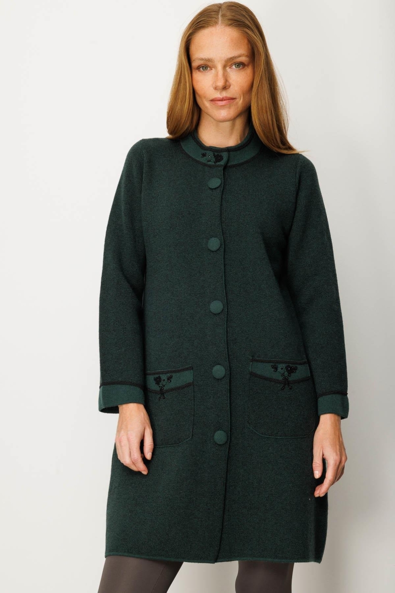 Desen Triko Kadın Dik Yaka Kolu ve Cebi Nakış İşlemeli Uzun Yün Kaban 25034 Yeşil Yeşil