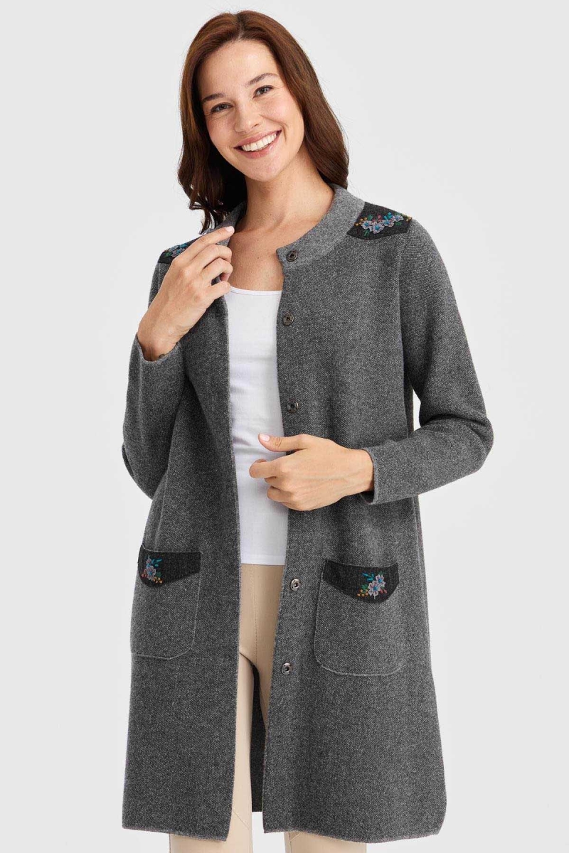 Desen Triko Kadın Dik Yaka Omzu ve Cebi İşlemeli Uzun Yün Kaban 23007 Füme Füme