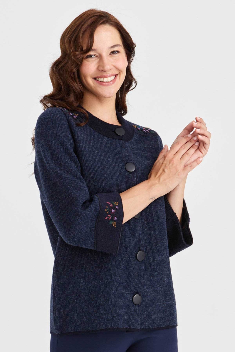 Desen Triko Kadın Dik Yaka Omzu ve Kolu Keçe İşlemeli Yün Ceket 23006 Koyu Lacivert Koyu Lacivert