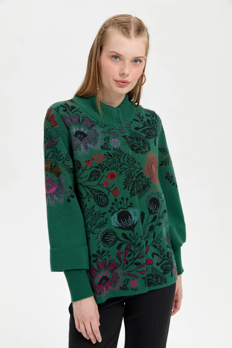 Desen Triko Kadın Dik Yaka Önü Renkli Çiçekli Kısa Yün Ceket 24050 Ö. Başı Ö. BAŞI