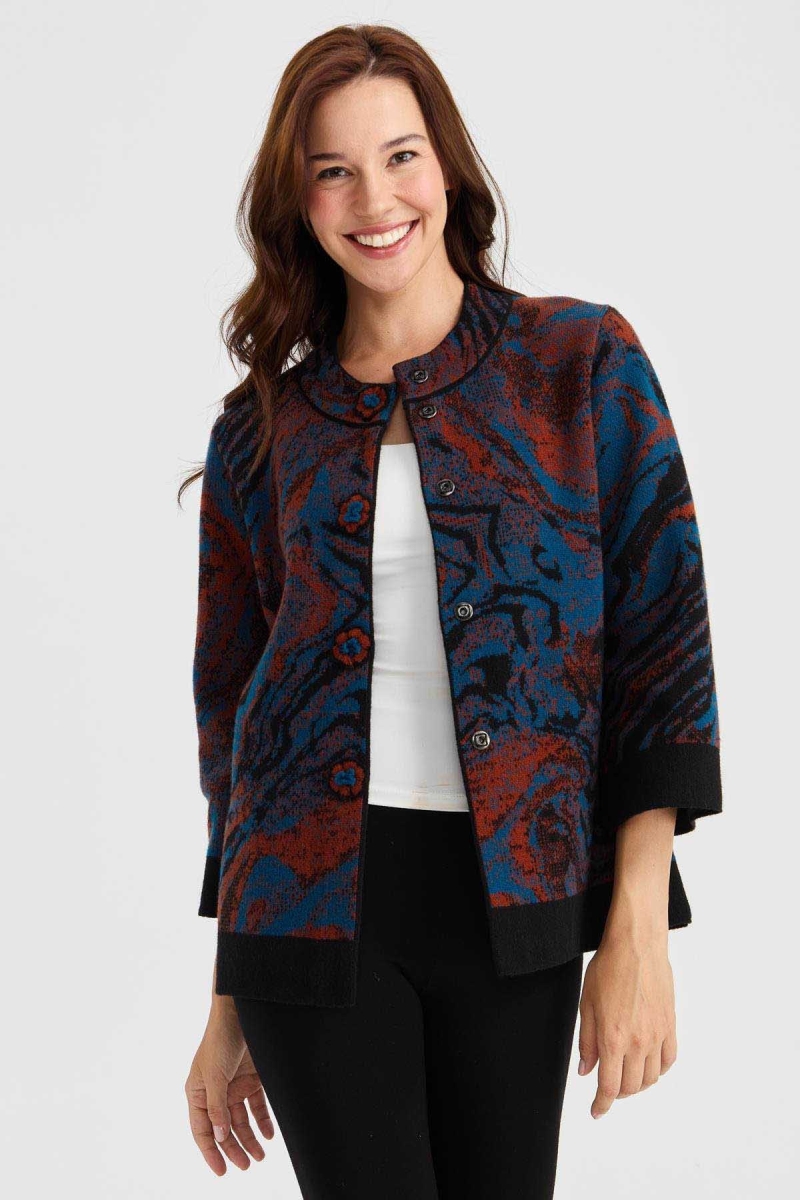Desen Triko Kadın Dik Yaka Renkli Dalga Desenli Yün Ceket 23125 Siyah Siyah