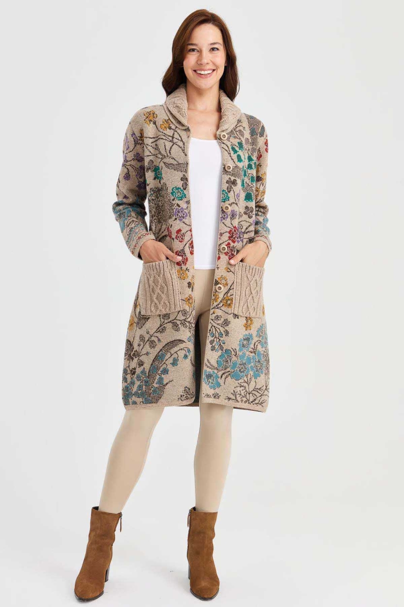 Desen Triko Kadın Dik Yaka Sarmaşık Çiçekli Uzun Yün Kaban 30189 K. Bej K. Bej