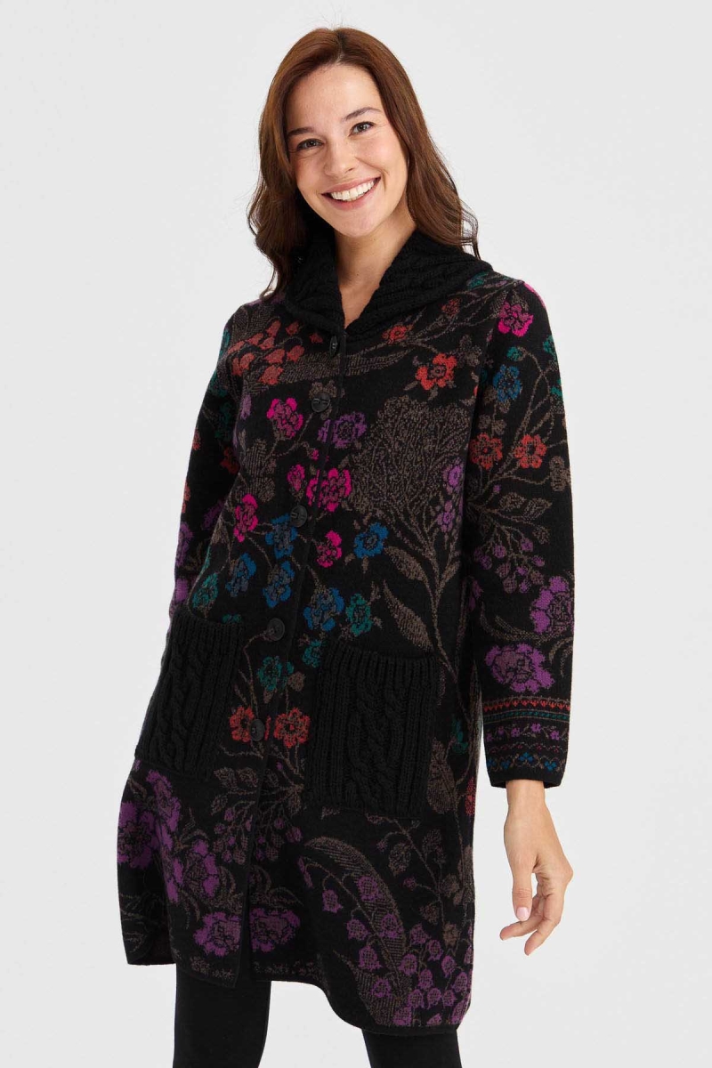 Desen Triko Kadın Dik Yaka Sarmaşık Çiçekli Uzun Yün Kaban 30189 Siyah Siyah
