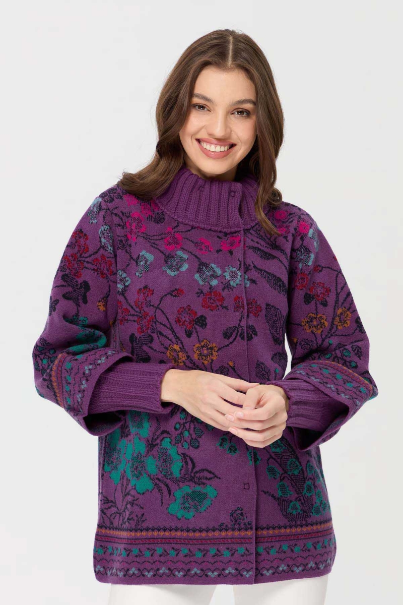 Desen Triko Kadın Dik Yaka Sarmaşık Çiçekli Yün Ceket 23017 A.Mor A.MOR
