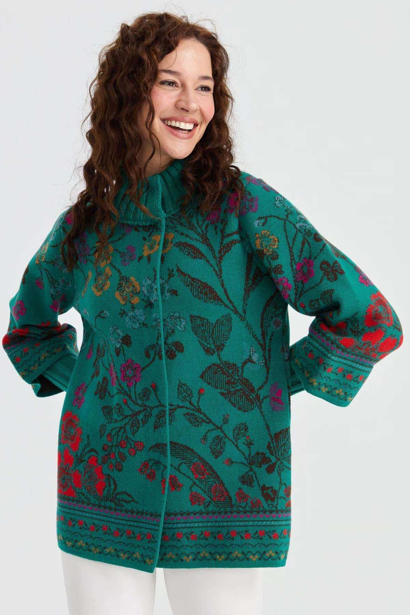 Desen Triko Kadın Dik Yaka Sarmaşık Çiçekli Yün Ceket 23017 A.Ö. Başı A.Ö. BAŞI
