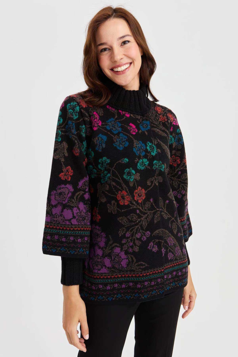 Desen Triko Kadın Dik Yaka Sarmaşık Çiçekli Yün Ceket 23017 Siyah Siyah