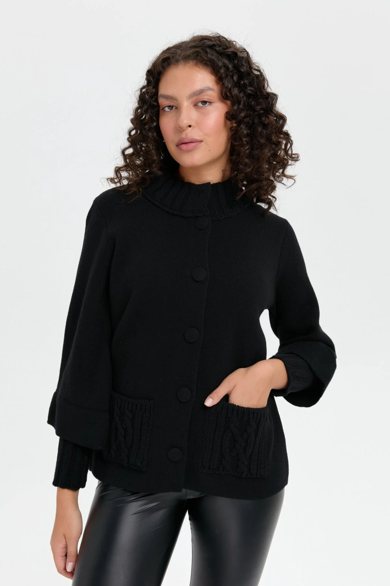 Desen Triko Kadın Dik Yaka Truvakar Kol Kısa Yün Ceket 24046 Siyah Siyah