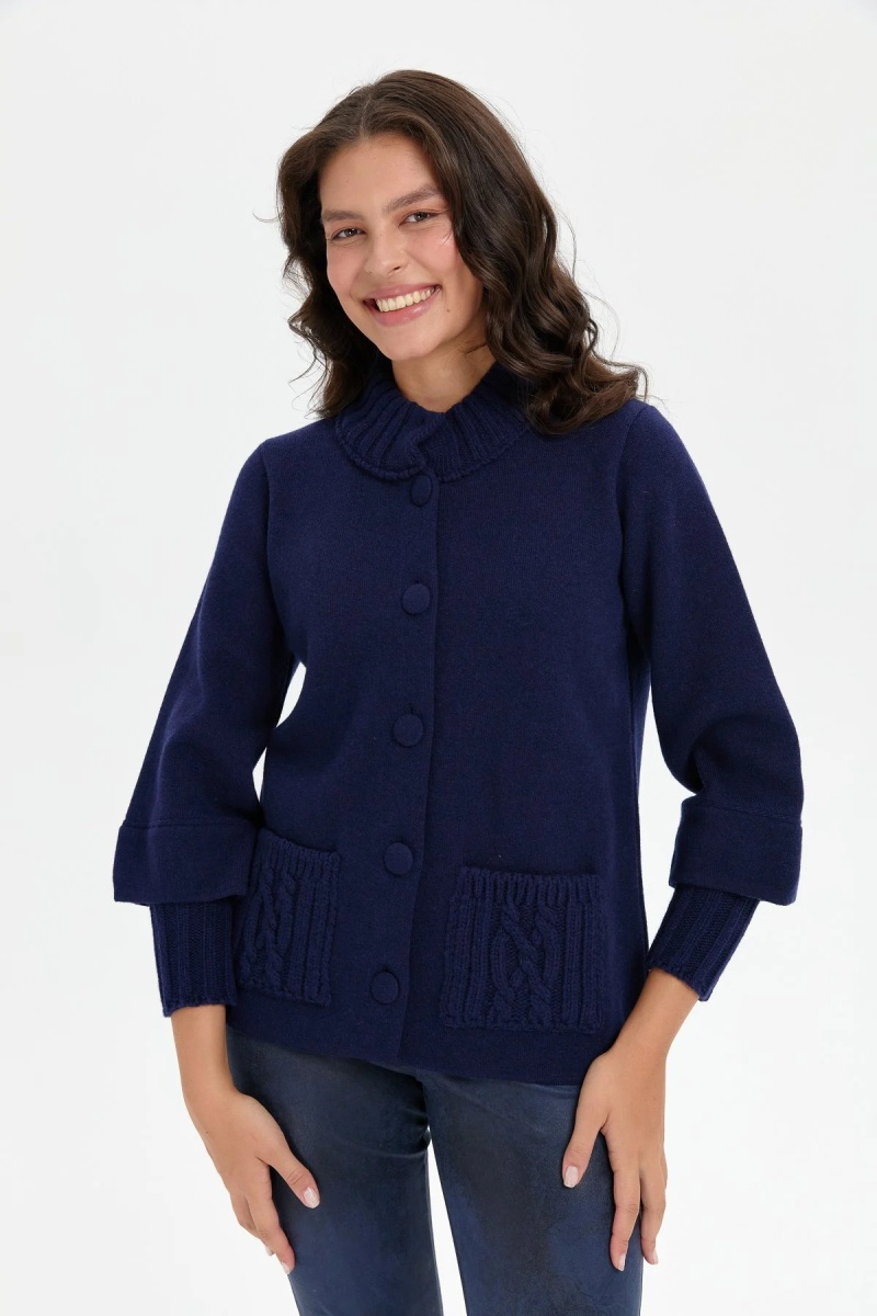 Desen Triko Kadın Dik Yaka Truvakar Kol Kısa Yün Ceket 24046 Y.A. Lacivert Y.A. LACİVERT