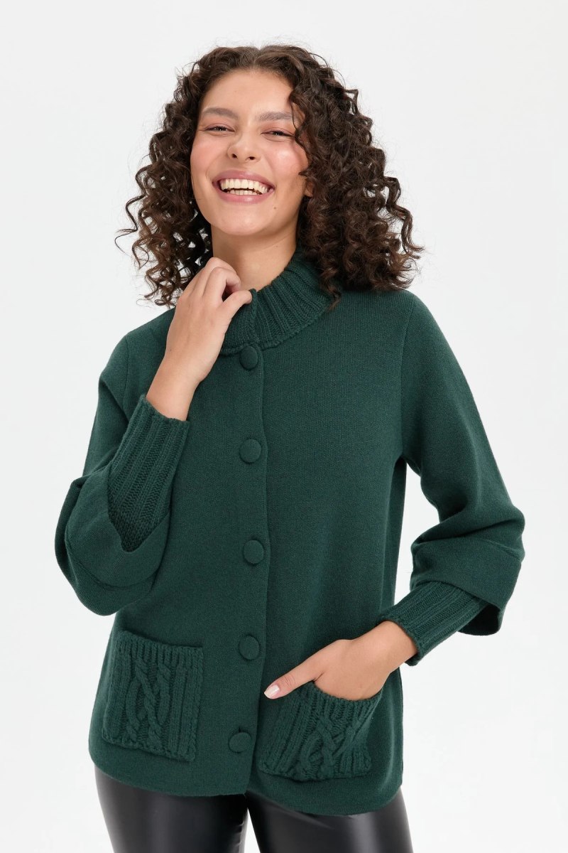 Desen Triko Kadın Dik Yaka Truvakar Kol Kısa Yün Ceket 24046 Yeşil Yeşil