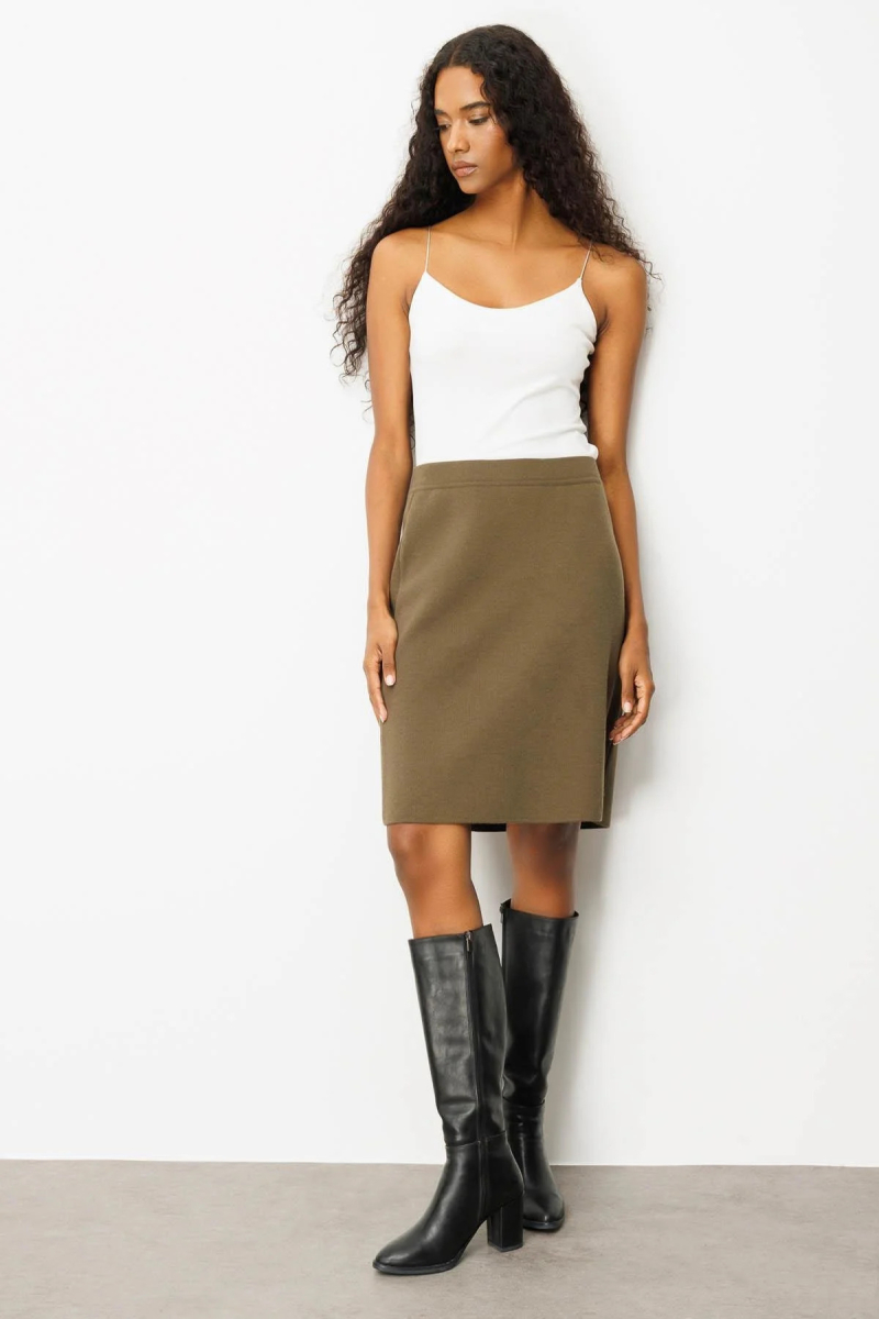 Desen Triko Kadın Düz Basic Etek 25066 Haki Haki