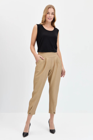 Desen Triko Kadın Geniş Kemerli Paçası Düğmeli Keten Pantolon KMYPT01 Camel Camel