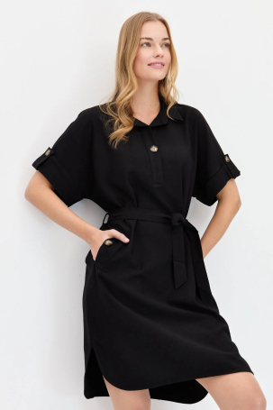 Desen Triko Kadın Gömlek Yaka Yakası ve Cebi Düğmeli Elbise KMY24078 Siyah Siyah