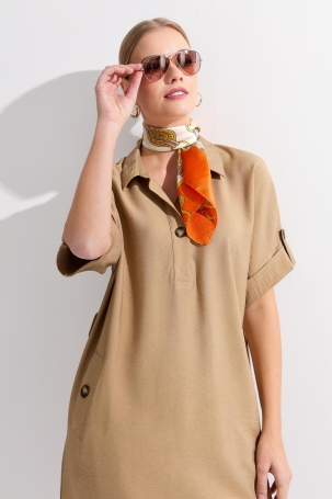 Desen Triko Kadın Gömlek Yaka Yakası ve Cebi Düğmeli Elbise KMY24078 Vizon Vizon