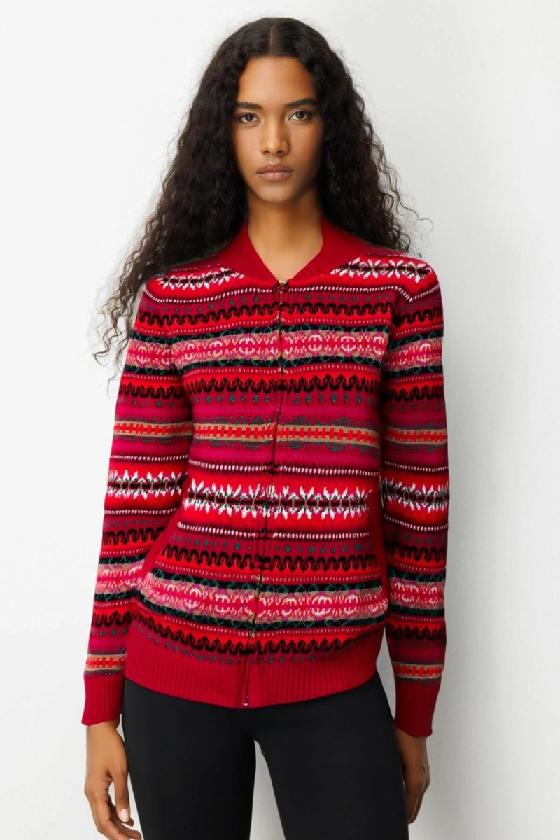 Desen Triko Kadın Hakim Yaka Jakarlı Yün Hırka 25102 K.Kırmızı K.KIRMIZI