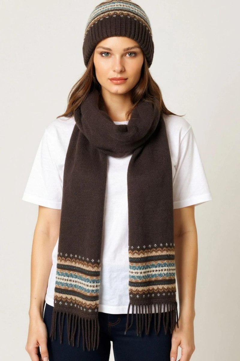 Desen Triko Kadın Jakarlı Yün Bere 25074 Kahverengi Kahverengi