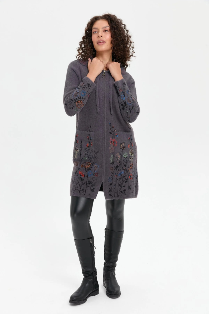 Desen Triko Kadın Kapüşonlu Eteği ve Kolu Kır Çiçeği Desenli Uzun Kaban 24007 Antrasit Antrasit