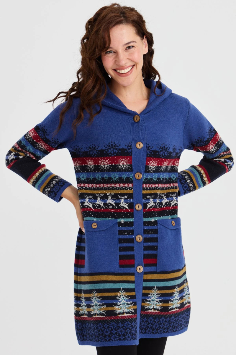 Desen Triko Kadın Kapüşonlu Kar ve Geyik Desenli Uzun Yün Kaban 23012 Koyu Lacivert Koyu Lacivert