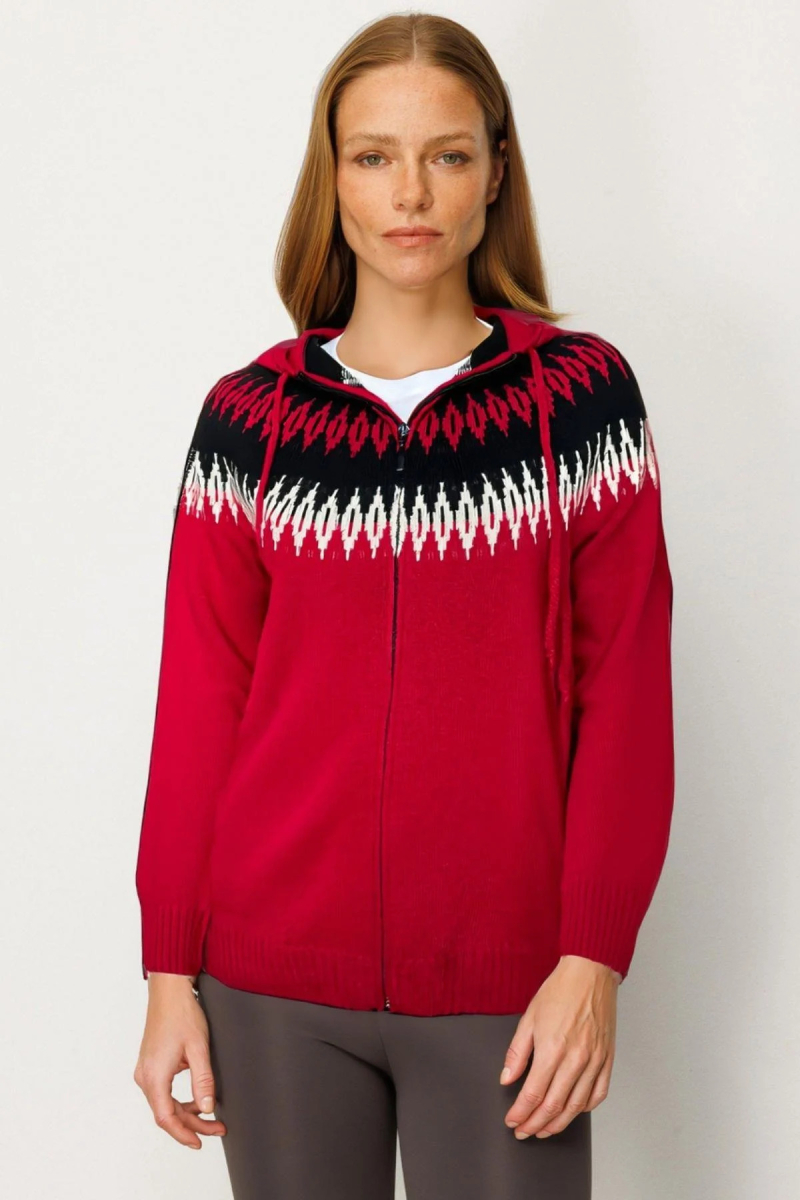 Desen Triko Kadın Kapüşonlu Robası Baklavalı Hırka 25230 K.Kırmızı K.KIRMIZI