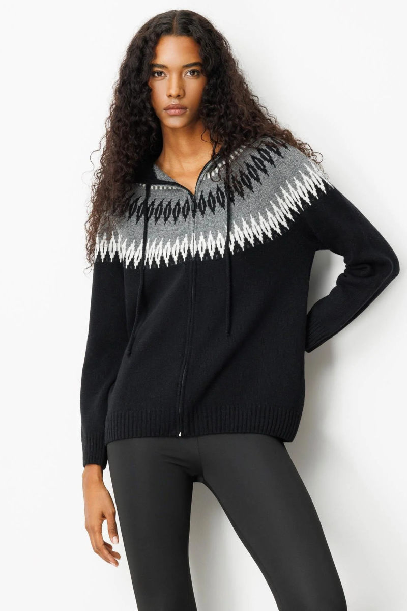 Desen Triko Kadın Kapüşonlu Robası Baklavalı Hırka 25230 Siyah Siyah