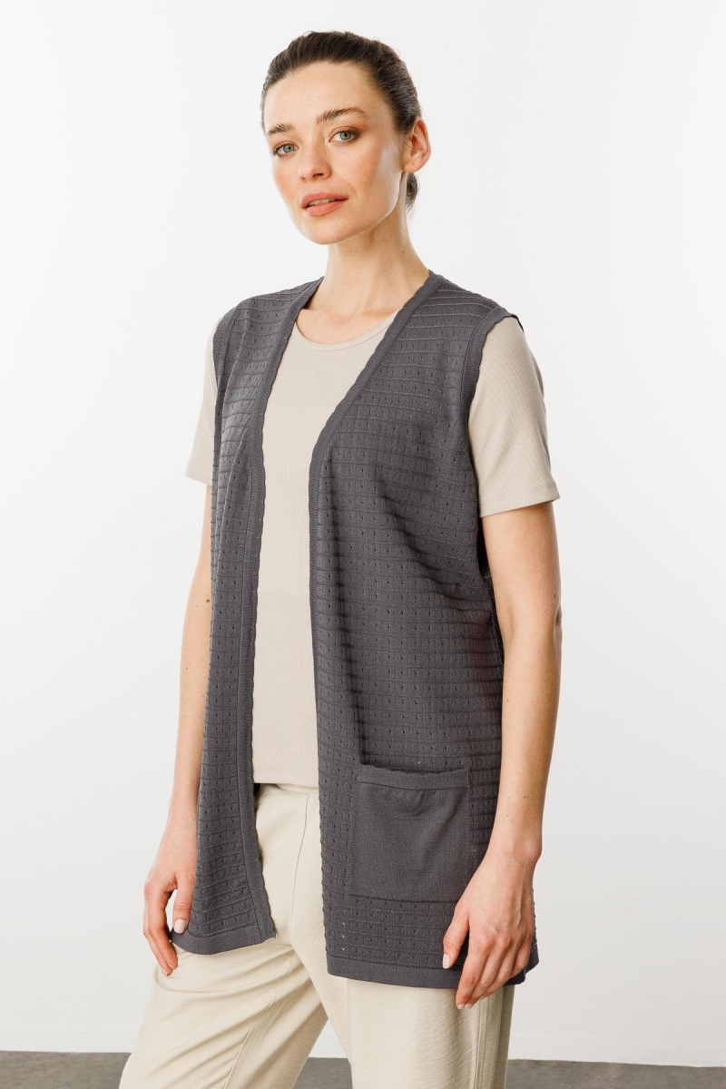 Desen Triko Kadın Kare Örgülü Uzun Triko Yelek 25354 Antrasit Antrasit