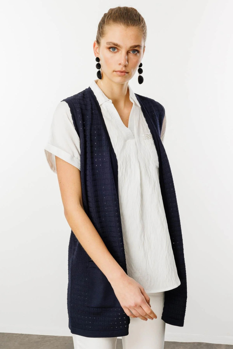 Desen Triko Kadın Kare Örgülü Uzun Triko Yelek 25354 Lacivert Lacivert