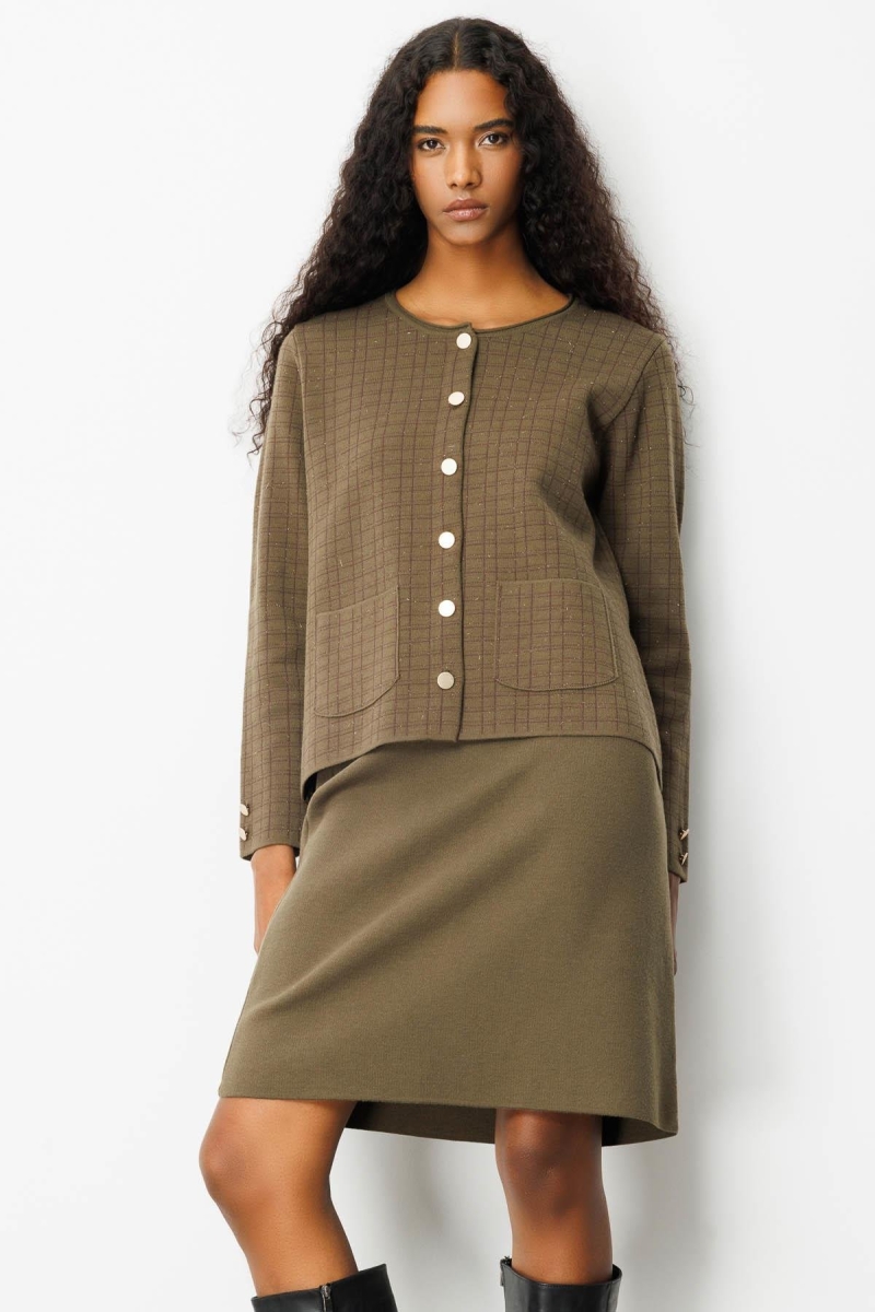 Desen Triko Kadın Kareli Simli Ceket 25065 Haki Haki