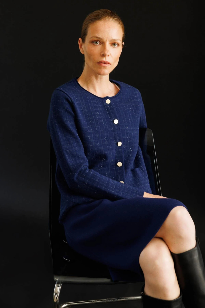 Desen Triko Kadın Kareli Simli Ceket 25065 Lacivert Lacivert