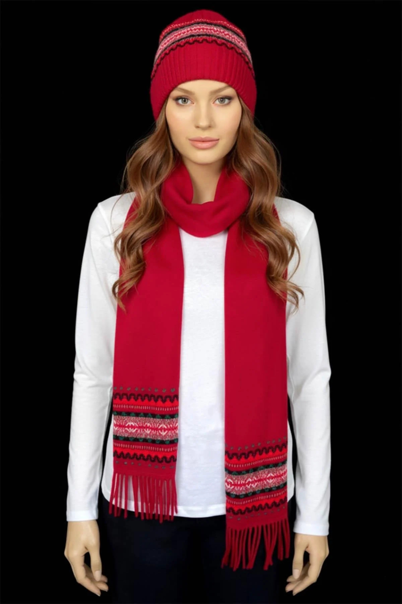 Desen Triko Kadın Kenarları Jakarlı Püsküllü Yün Kaşkol 25075 K.Kırmızı K.KIRMIZI