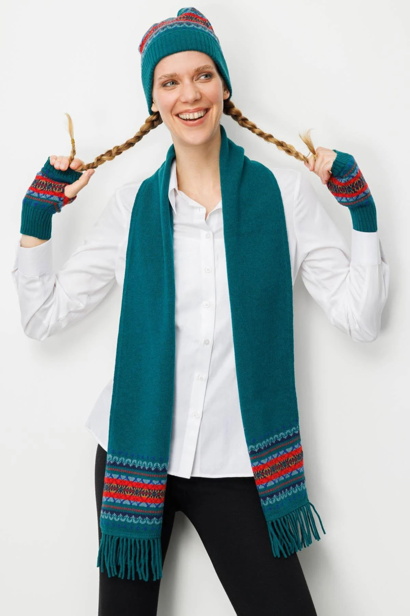 Desen Triko Kadın Kenarları Jakarlı Püsküllü Yün Kaşkol 25075 Ördek Yeşili ÖRDEK YEŞİLİ