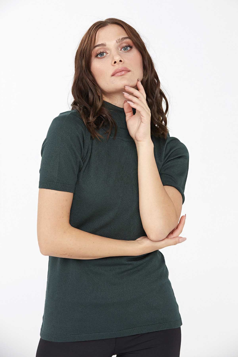 Desen Triko Kadın Likralı Kısa Kollu Tam Balıkçı Bluz 20346 Nefti Nefti