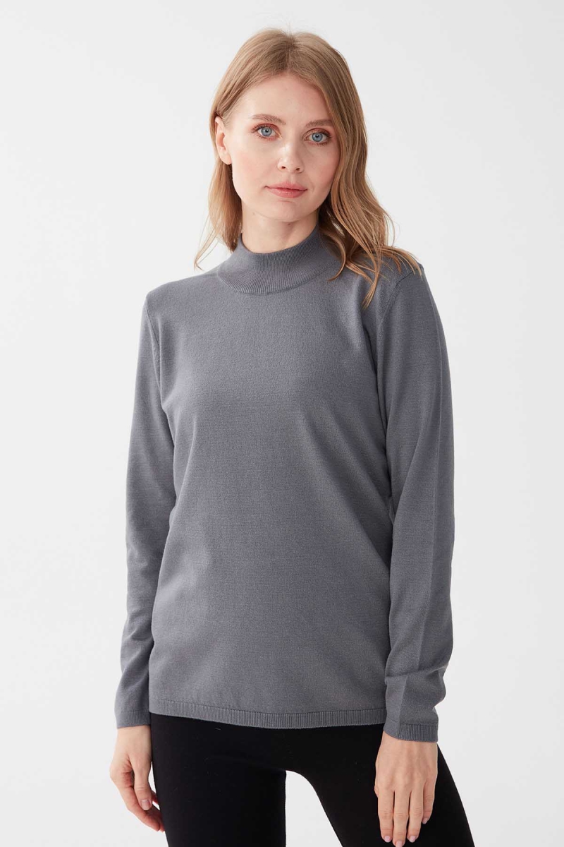 Desen Triko Kadın Likralı Uzun Kol Basic Yarım Balıkçı Bluz 0240016 Gri Gri