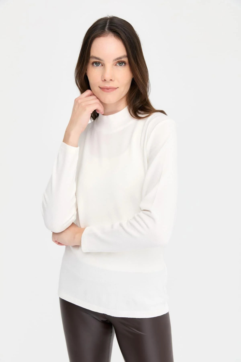 Desen Triko Kadın Likralı Uzun Kol Basic Yarım Balıkçı Bluz 0240016 Kemik Kemik