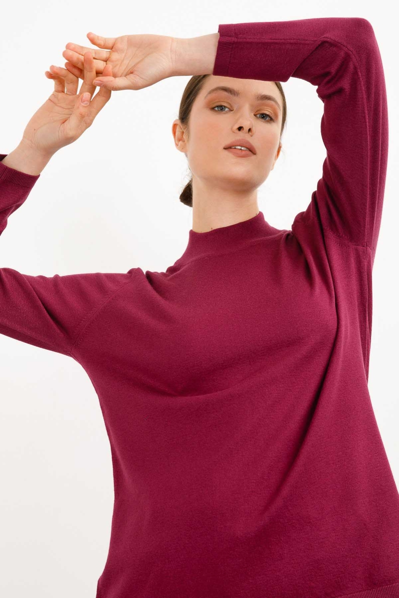 Desen Triko Kadın Likralı Uzun Kol Basic Yarım Balıkçı Bluz 0240016 Mürdüm MÜRDÜM