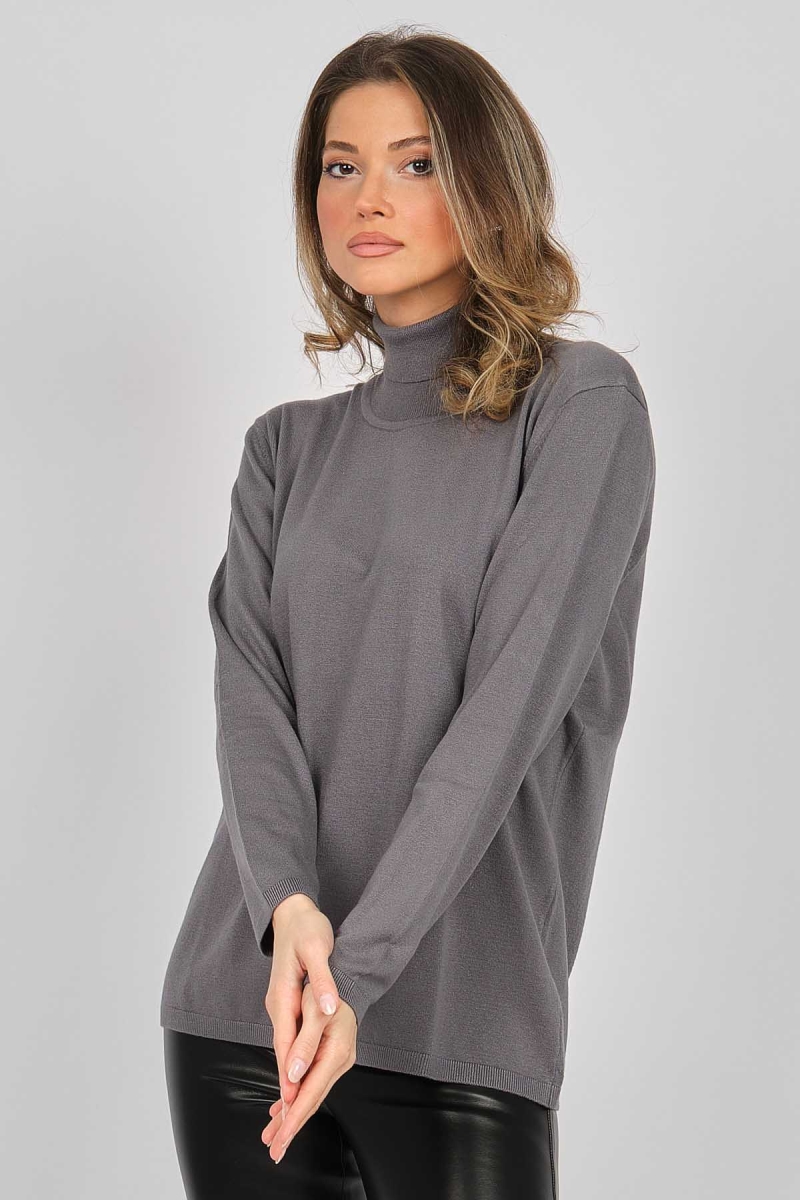 Desen Triko Kadın Likralı Uzun Kollu Basic Tam Balıkçı Bluz 0240017 Gri Gri