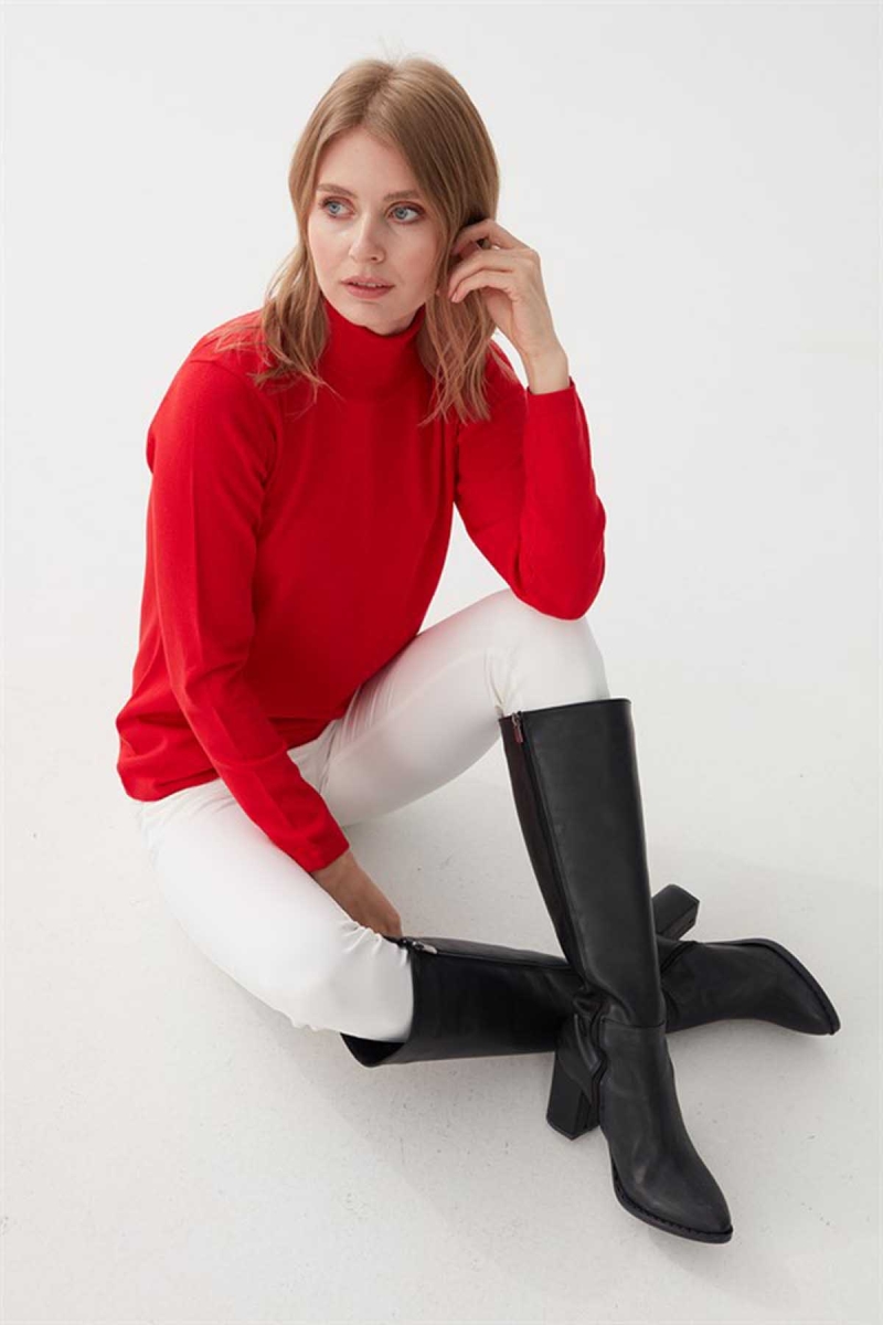 Desen Triko Kadın Likralı Uzun Kollu Basic Tam Balıkçı Bluz 0240017 Mercan Mercan