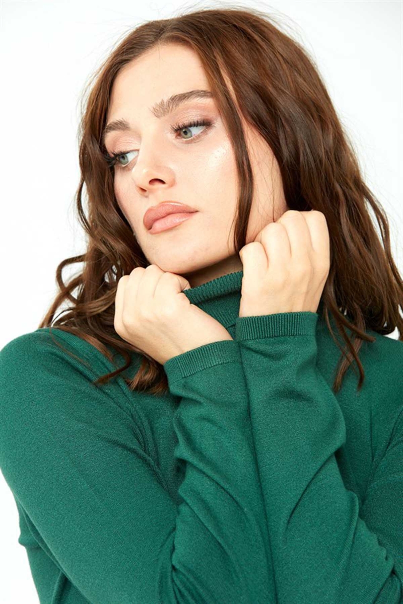 Desen Triko Kadın Likralı Uzun Kollu Basic Tam Balıkçı Bluz 0240017 Yeşil Yeşil