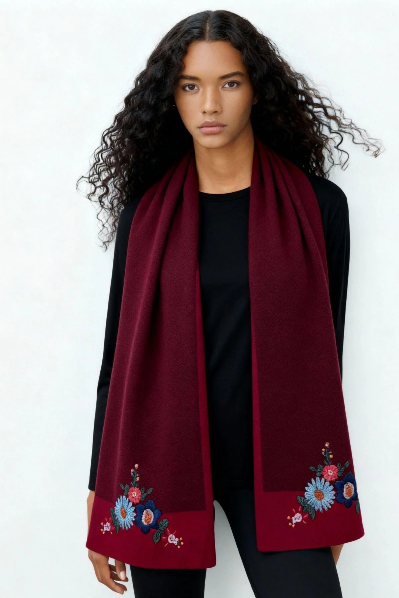 Desen Triko Kadın Nakış İşlemeli Saf Yün Kaşkol 02421155 Vişne Vişne