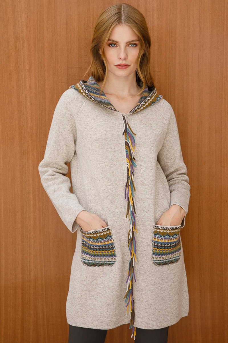 Desen Triko Kadın Önü Püsküllü Kapüşonlu Uzun Kaban 2258 Bej Bej