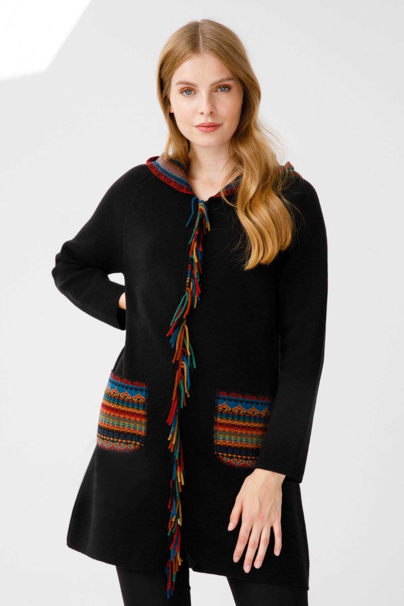 Desen Triko Kadın Önü Püsküllü Kapüşonlu Uzun Kaban 2258 Siyah Siyah