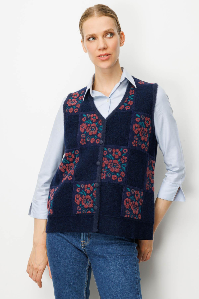 Desen Triko Kadın Pıtırcık Çiçekli Patchwork Keçe Yün Yelek 24084 A.Laci-G.Kurusu A.LACİ-G.KURUSU