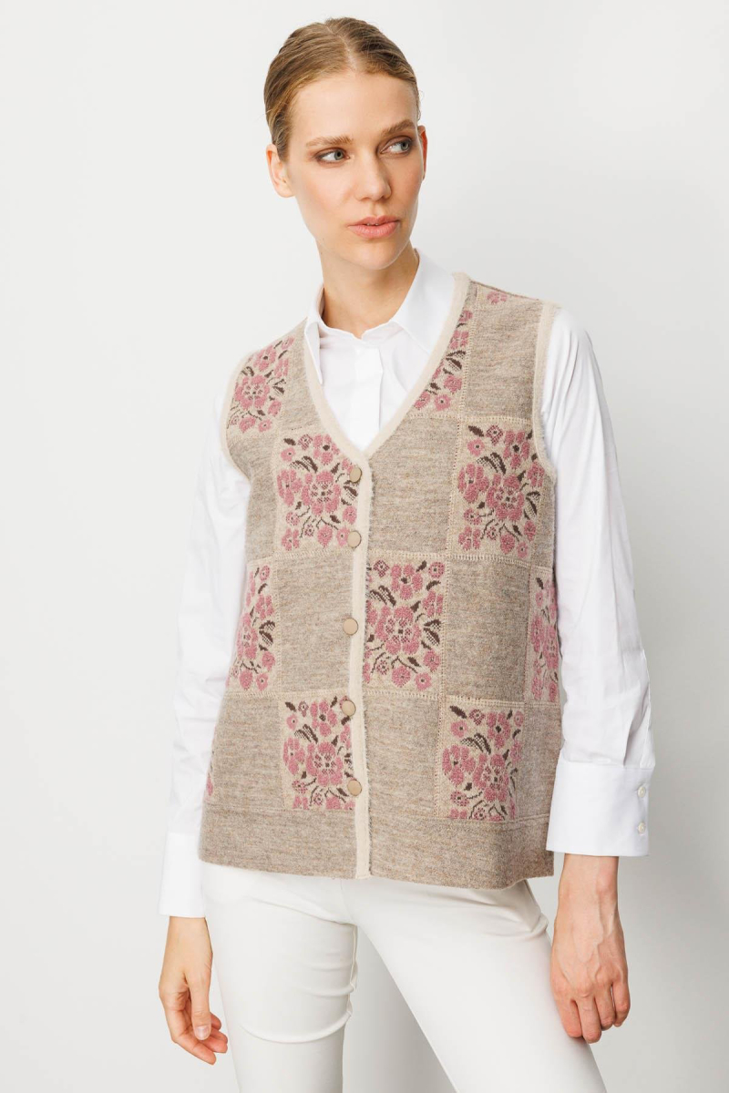 Desen Triko Kadın Pıtırcık Çiçekli Patchwork Keçe Yün Yelek 24084 Bej G.Kurusu BEJ G.KURUSU