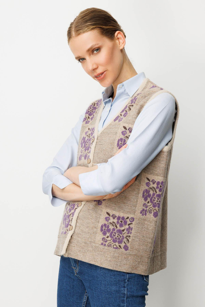 Desen Triko Kadın Pıtırcık Çiçekli Patchwork Keçe Yün Yelek 24084 Bej-Mor BEJ-MOR