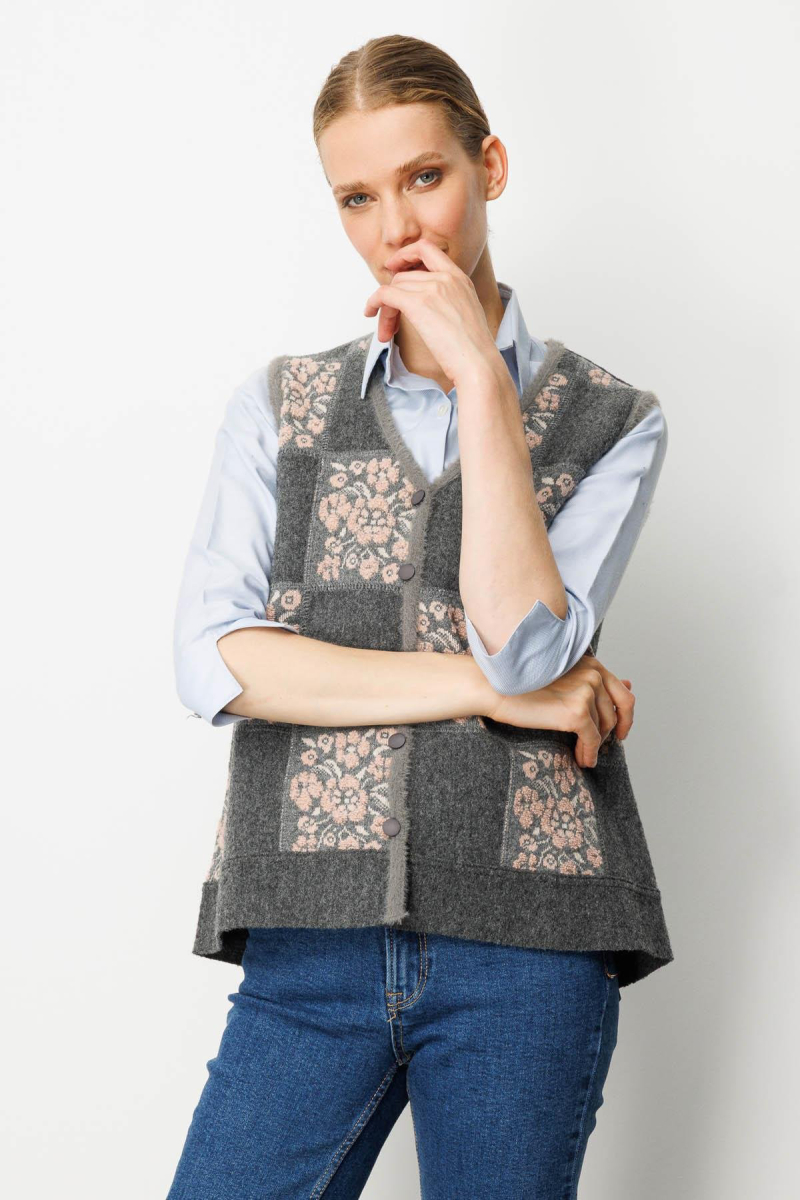 Desen Triko Kadın Pıtırcık Çiçekli Patchwork Keçe Yün Yelek 24084 Füme-A.Pembe FÜME-A.PEMBE