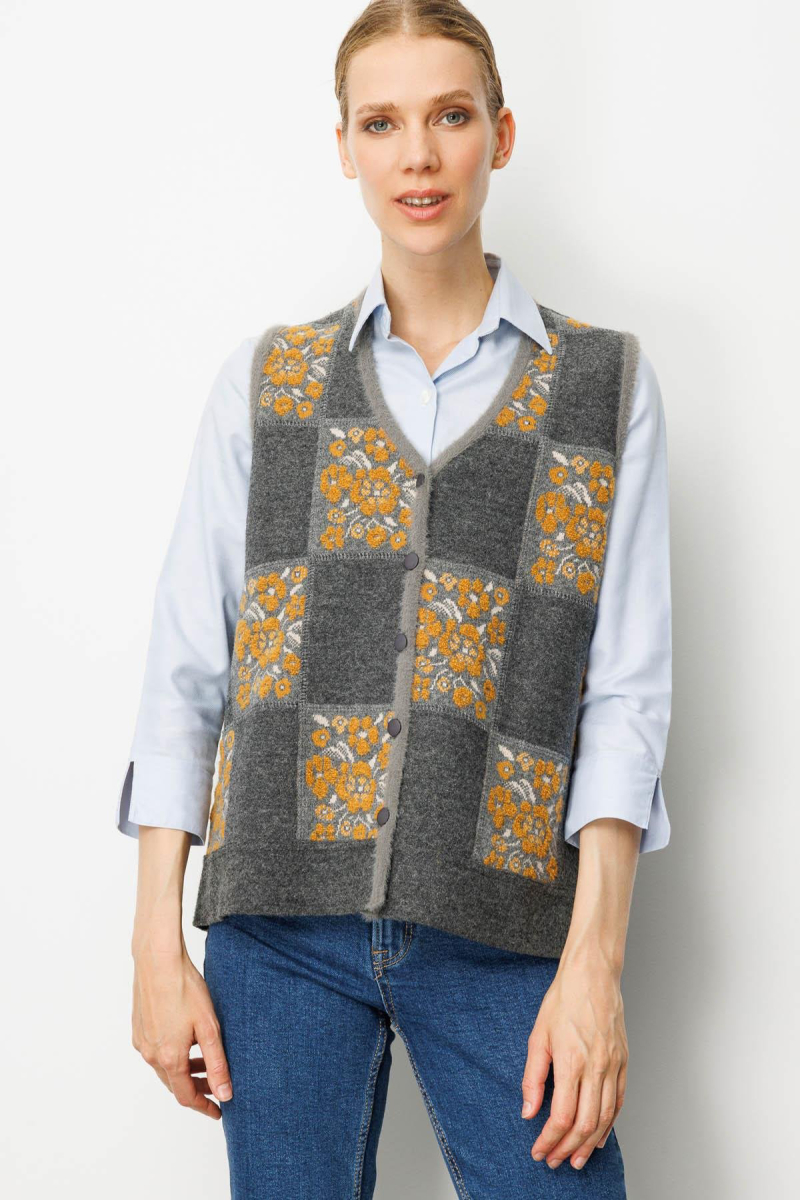 Desen Triko Kadın Pıtırcık Çiçekli Patchwork Keçe Yün Yelek 24084 Füme-Hardal FÜME-HARDAL